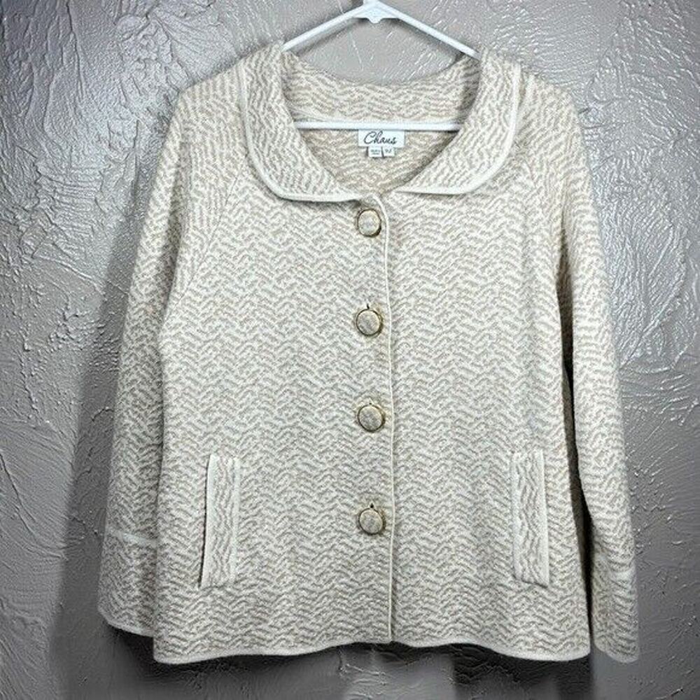 Chaus Sweater Beige Gold Button Collared Wool‎ Blend Cardigan Jacket Size XL